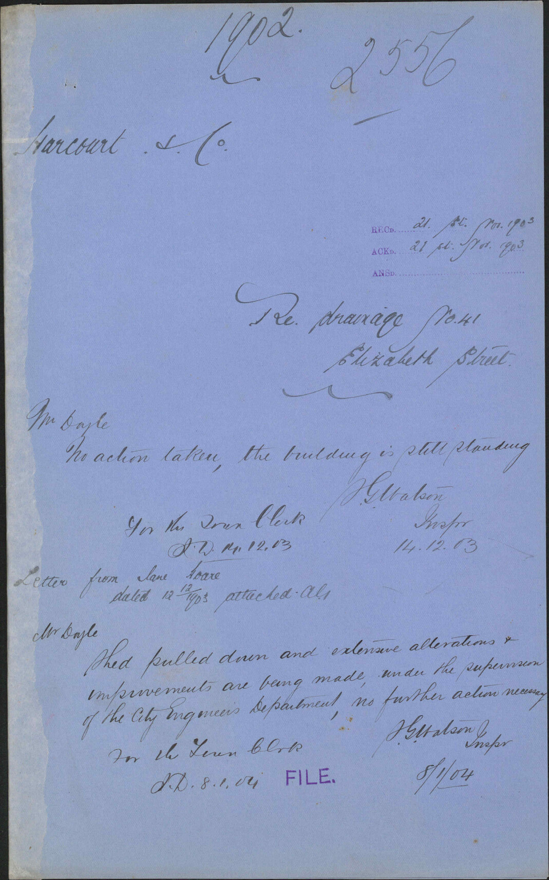 Re drainage No.41 Elizabeth Street, Harcourt &amp; Co.