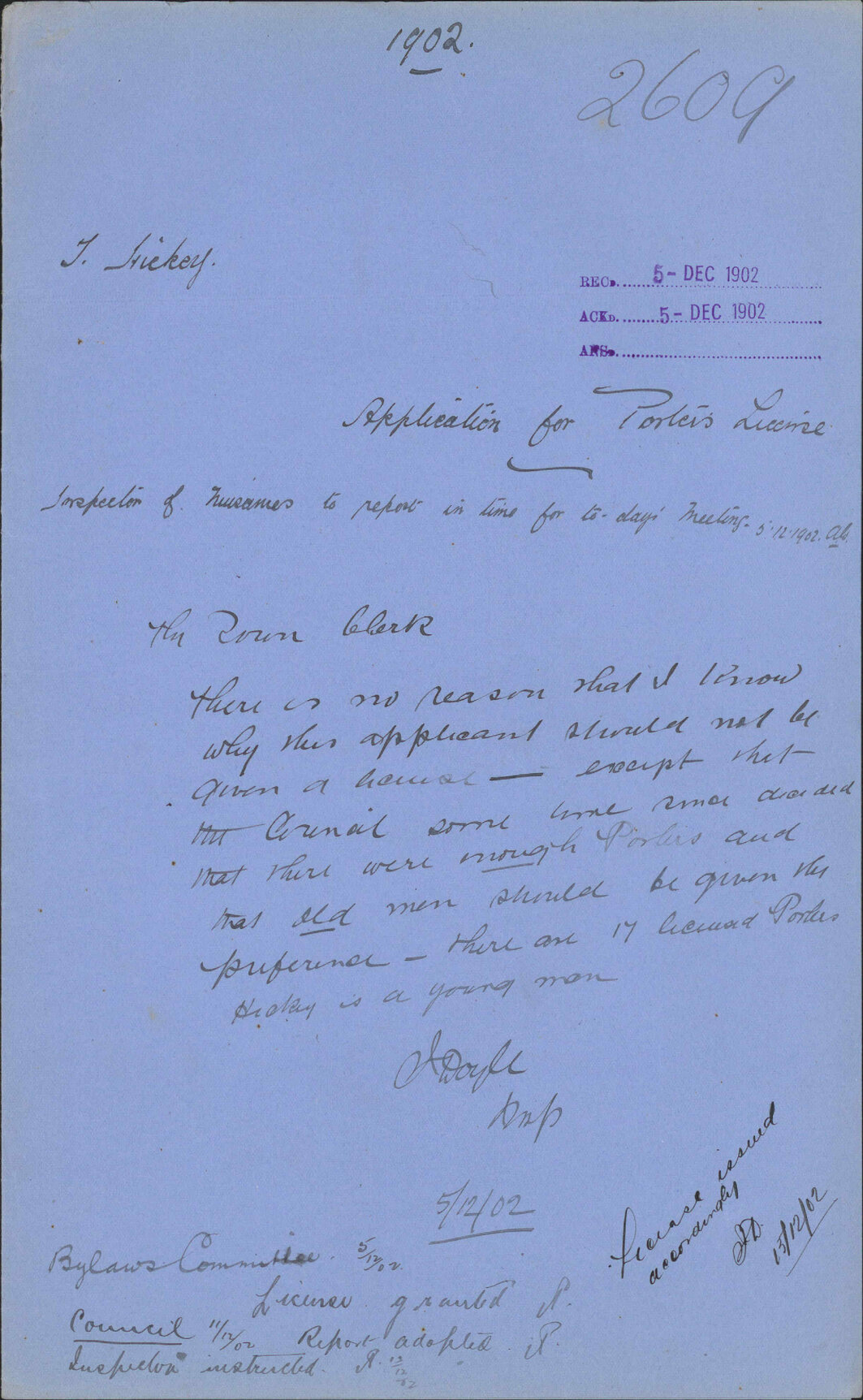 Application for porters license, T Hickey