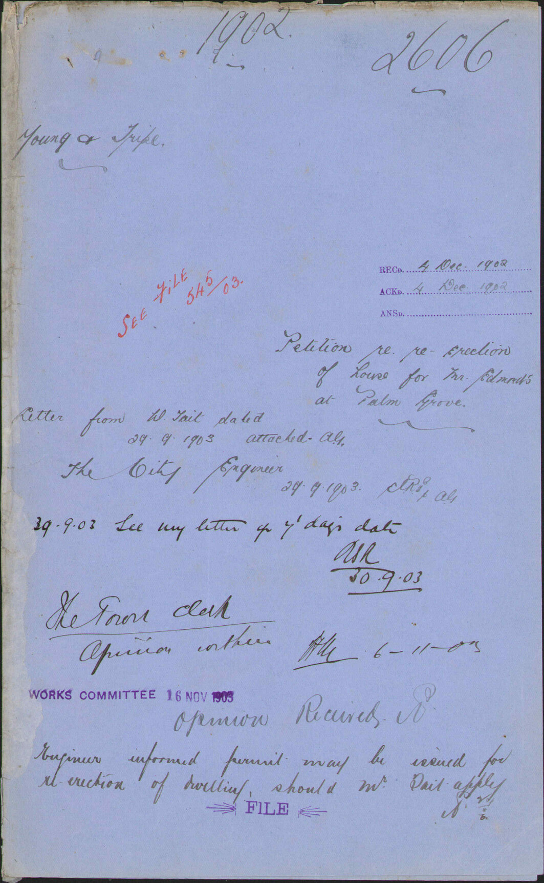 Petitions re re-erection of house for Mr Edmunds at Palm Grove, Young &amp; Tripe