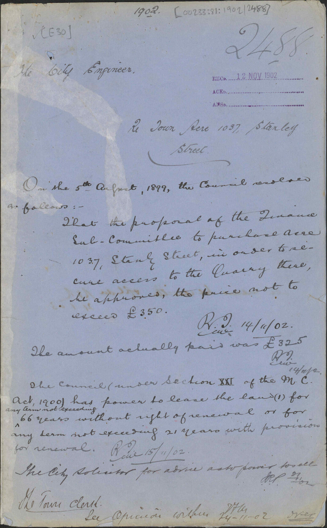 Town Acre 1037, Stanley Street, City Engineer