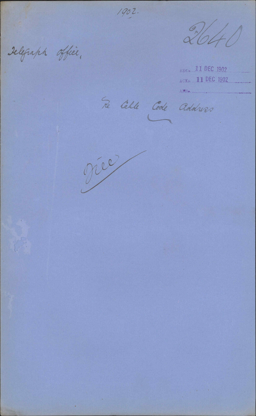 Re cable code address, Telegraph Office