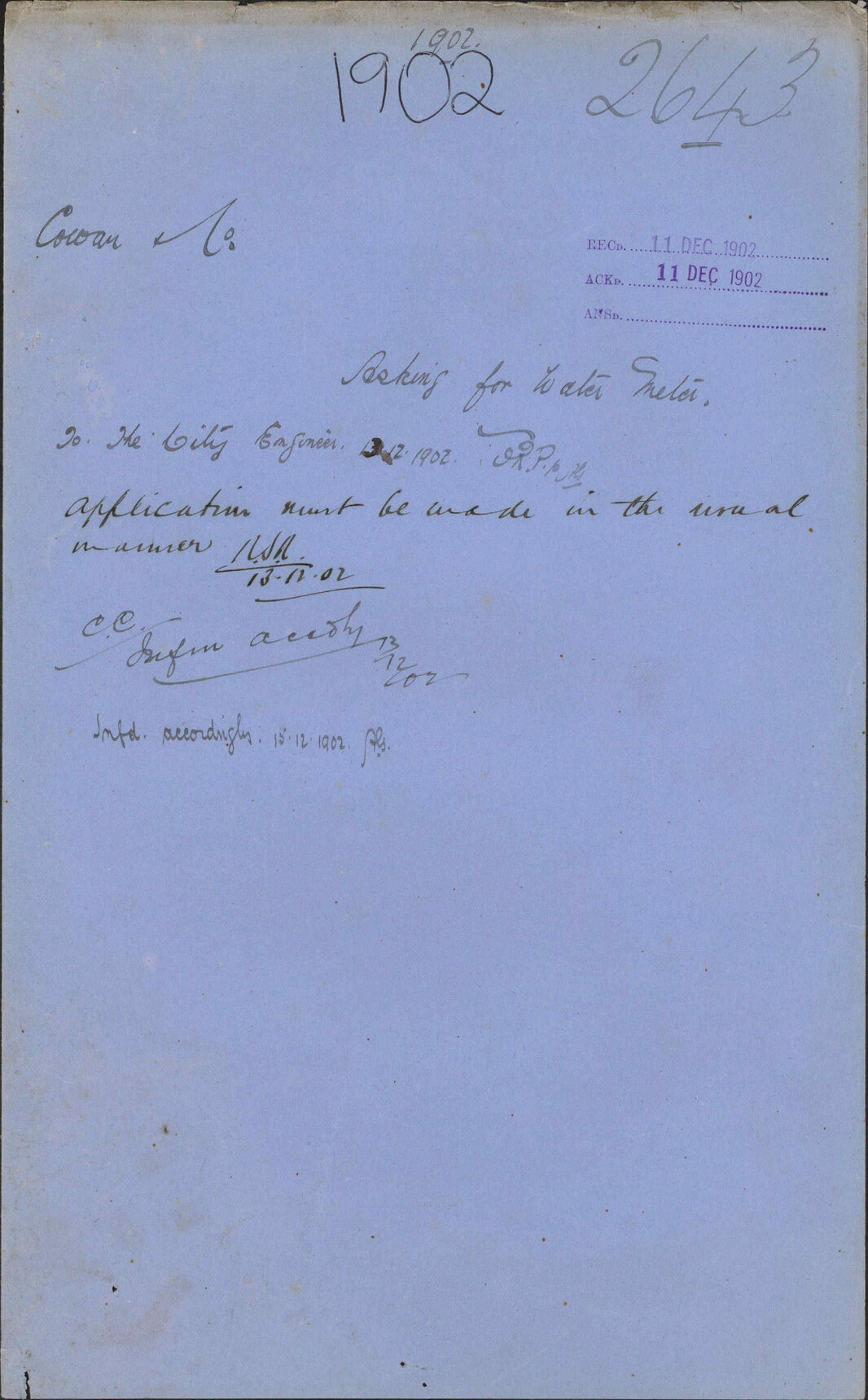 Asking for water meter, Cowan &amp; Co.