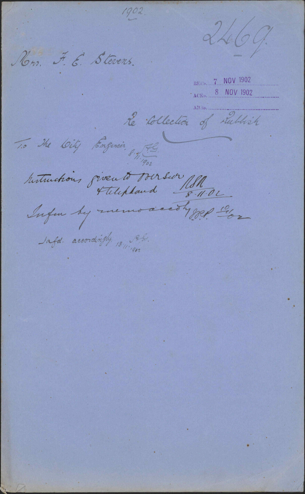 Re collection of rubbish, Mrs F E Stevens