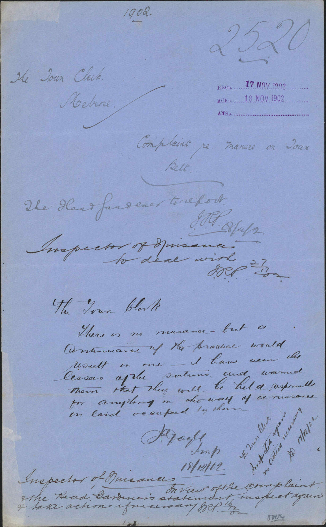 Complaint re manure on Town Belt, Town Clerk Melrose
