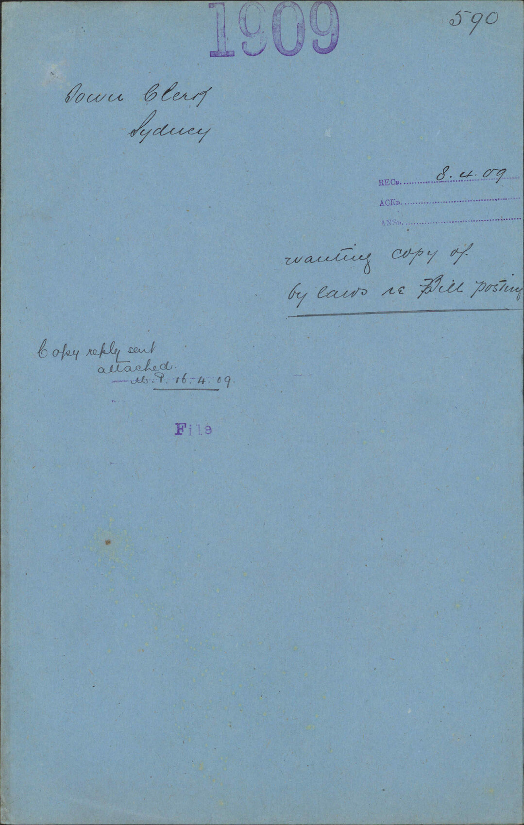 Wanting copy of bylaws re bill posting - Town Clerk, Sydney