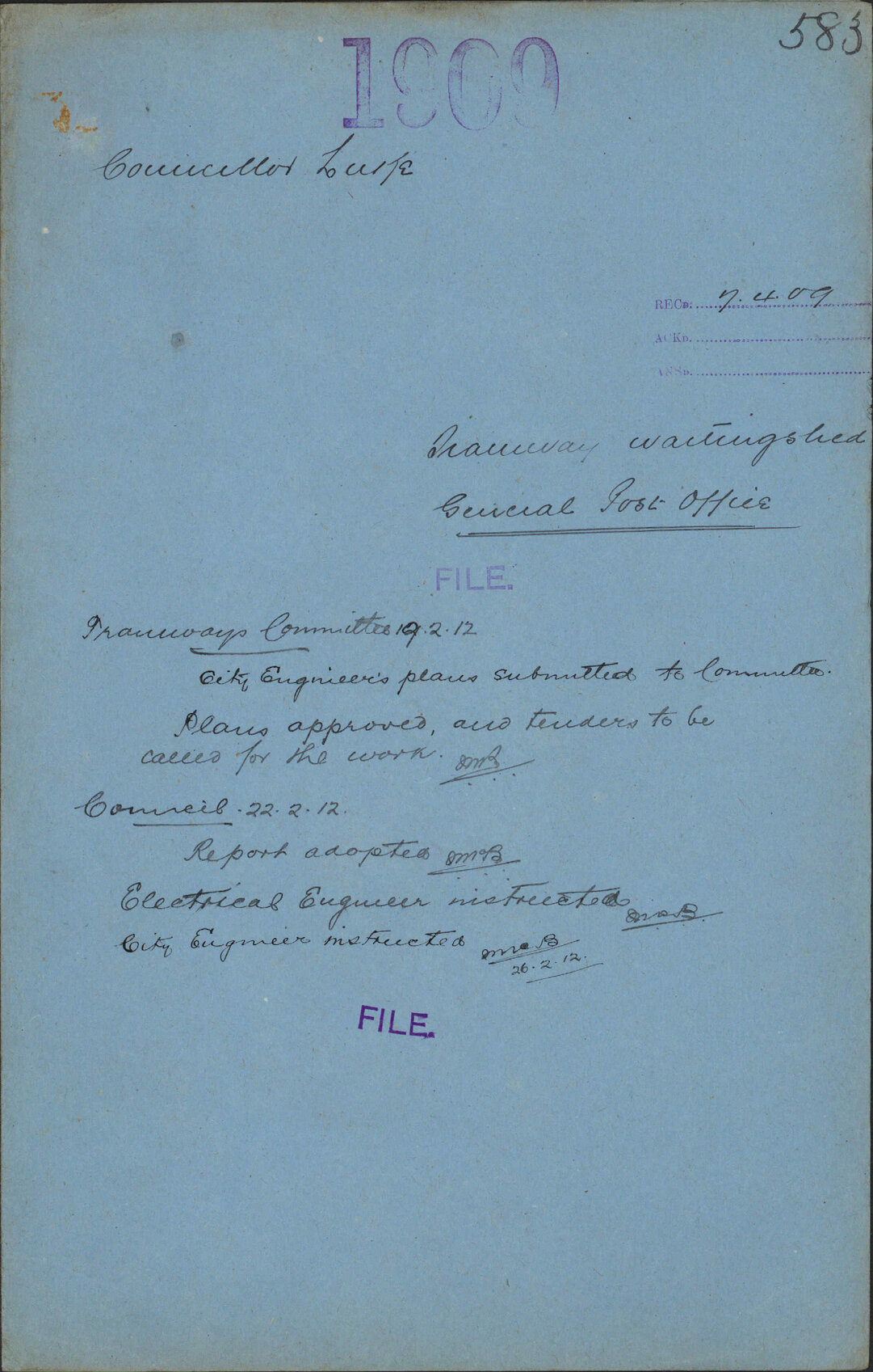 Tramway waiting shed, General Post Office - Councillor Luke