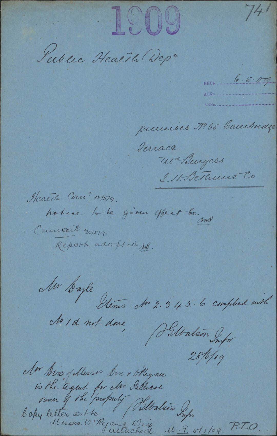 Premises, 65 Cambridge Terrace, Mrs Burgess, J H Bethune and Co - Public Health Department