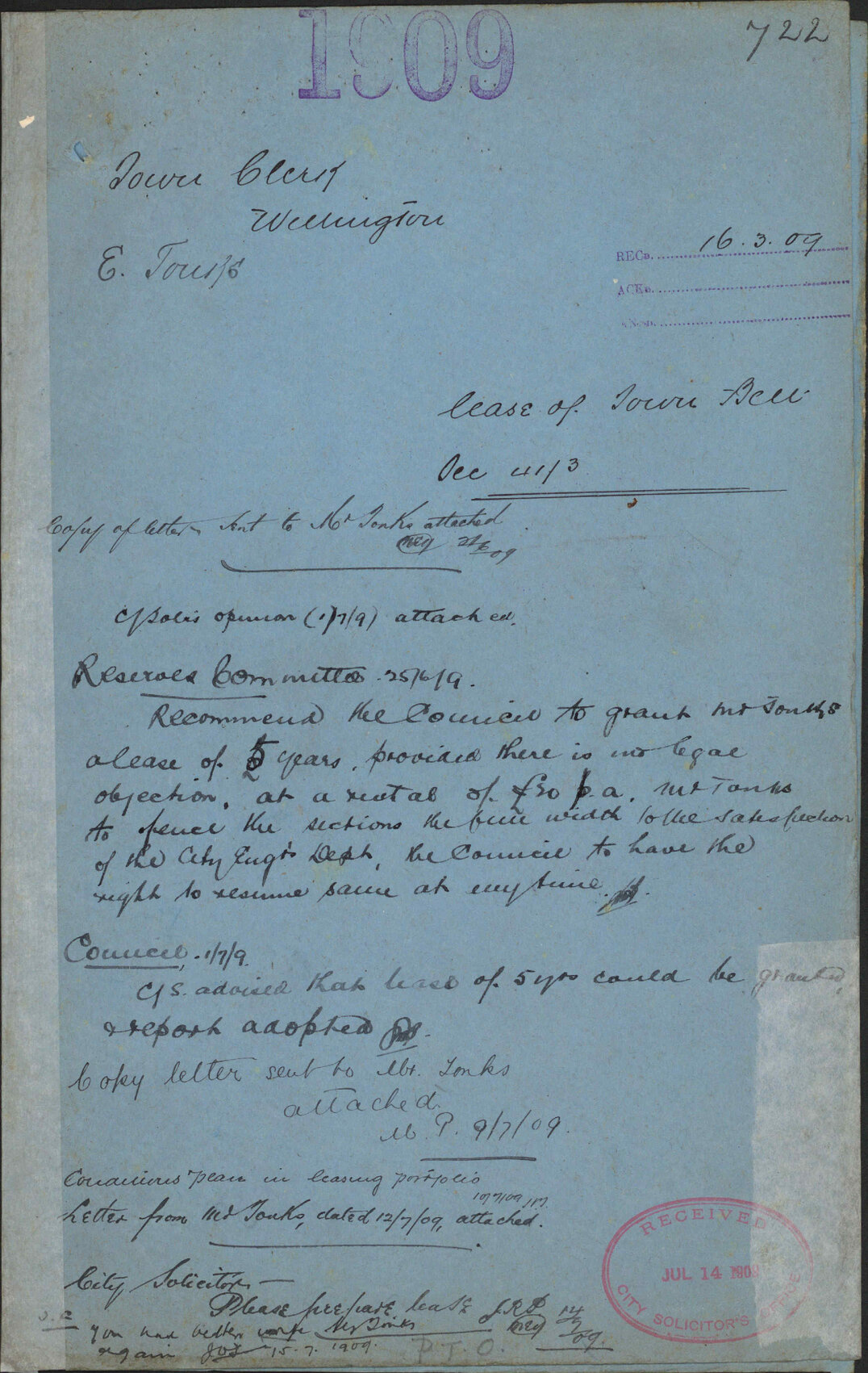 Lease of Town Belt Sec 41/43 - Town Clerk, Wellington; E Tonks