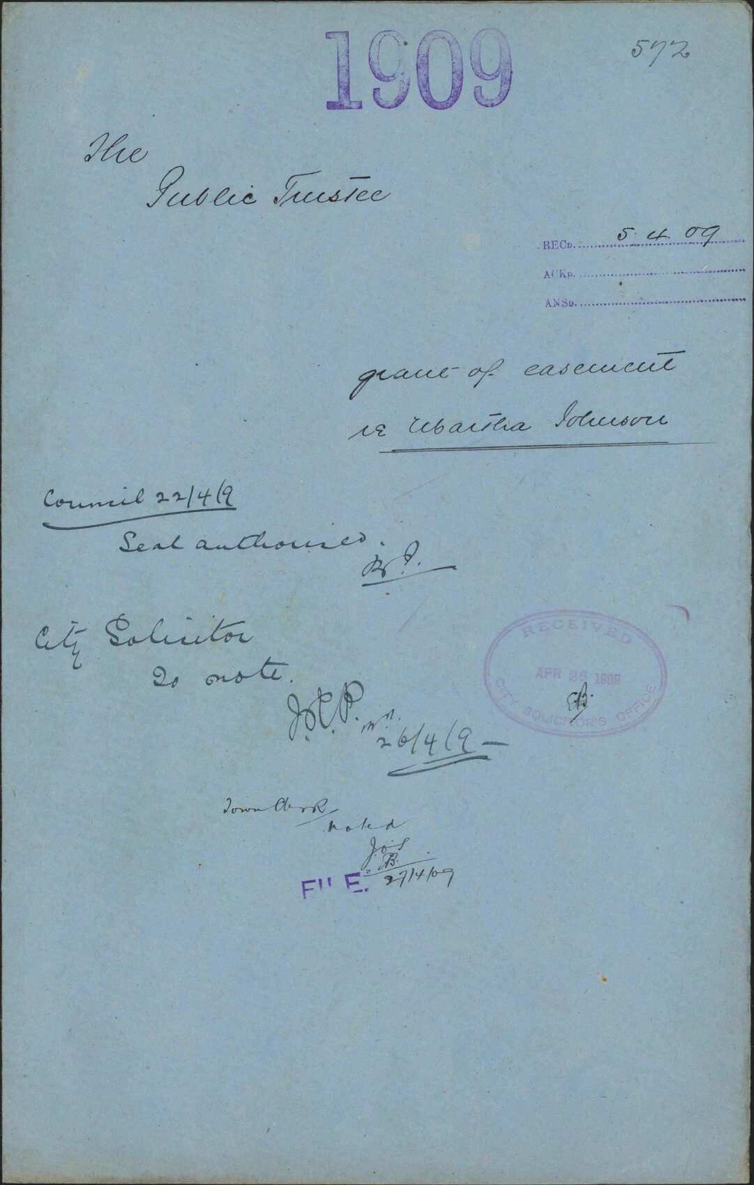 Grant of easement re Martha Johnson - The Public Trustee