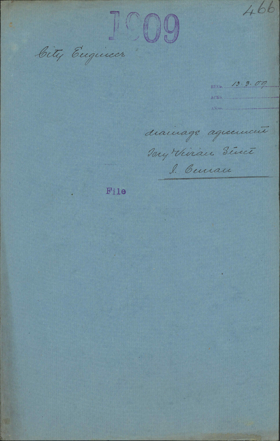 Drainage agreement, Tory and Vivian Street, J Curran - City Engineer