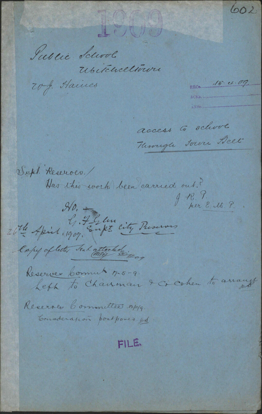 Access to school through Town Belt - Public School, Mitchelltown; W J Haines