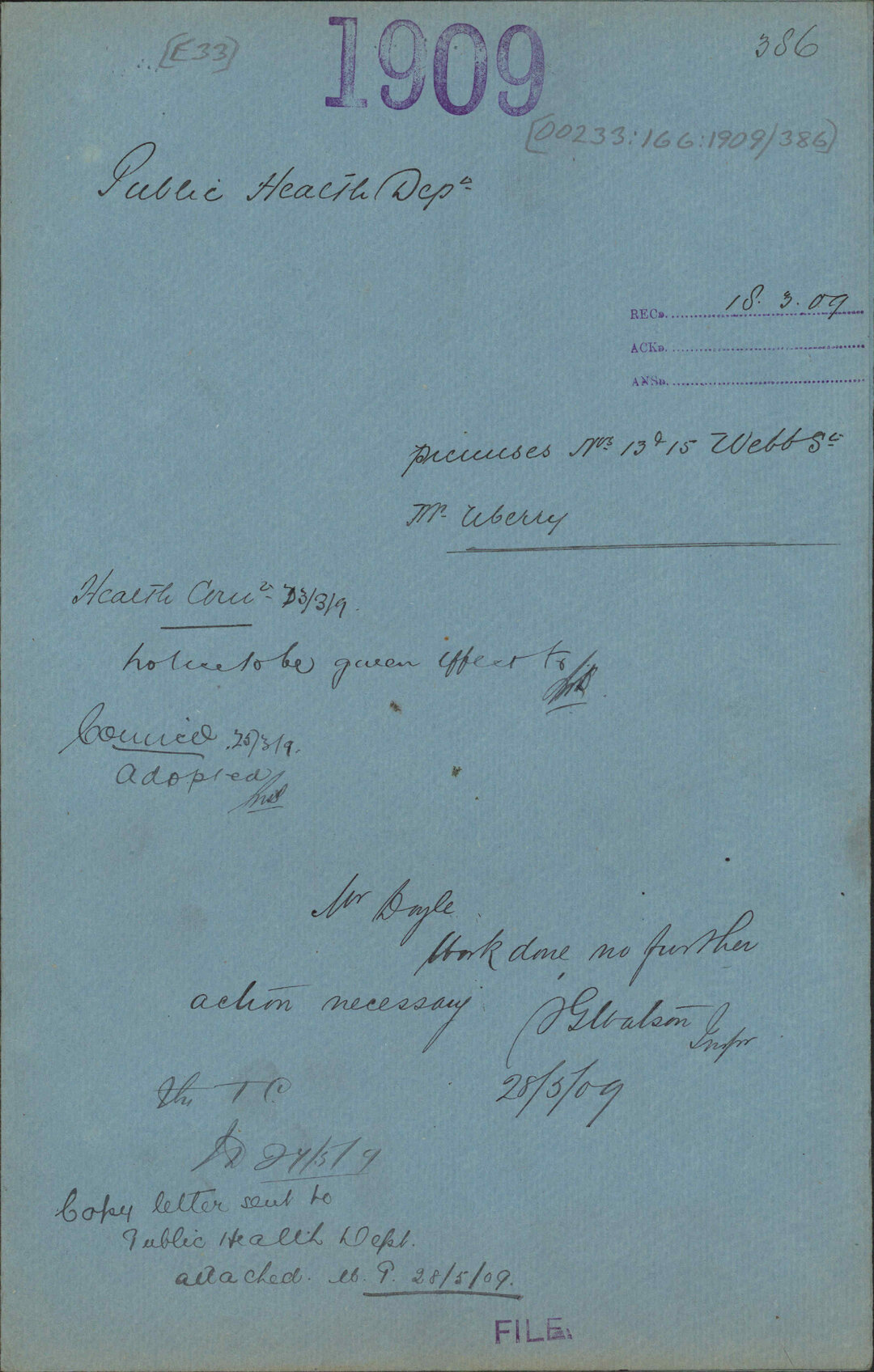 Premises, 13 and 15 Webb Street, Mr Merry - Public Health Department