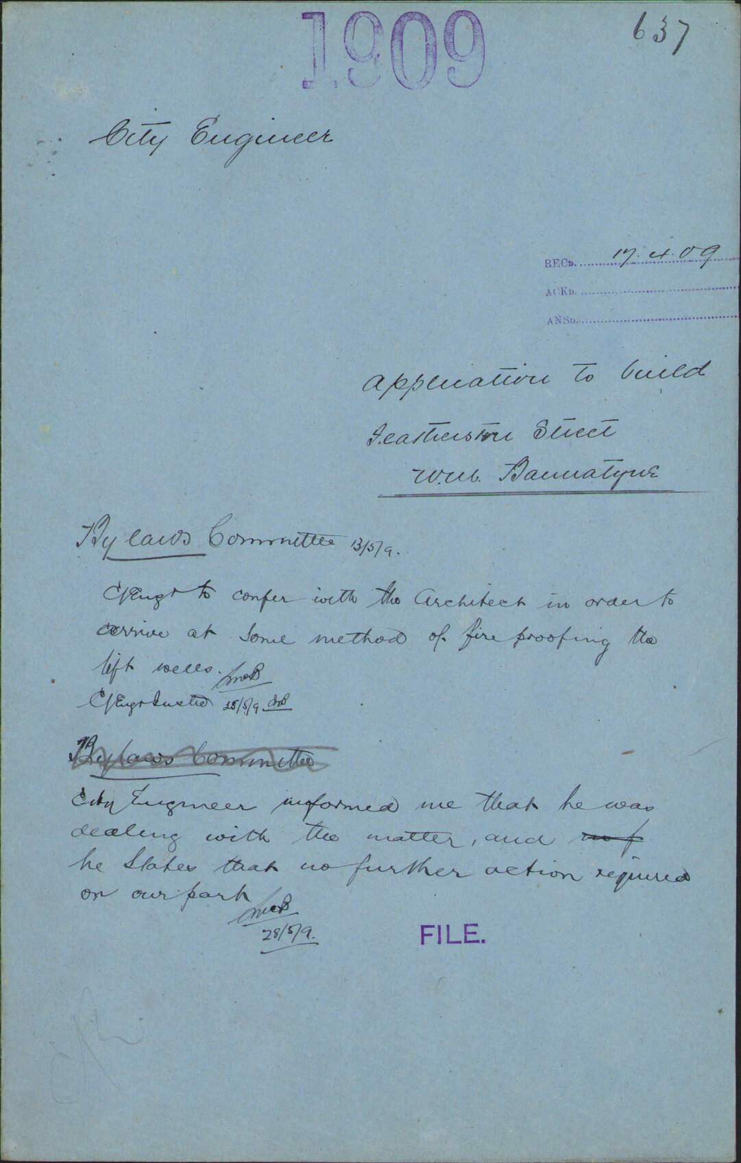 Application to build, Featherston Street, W M Bannatyne - City Engineer