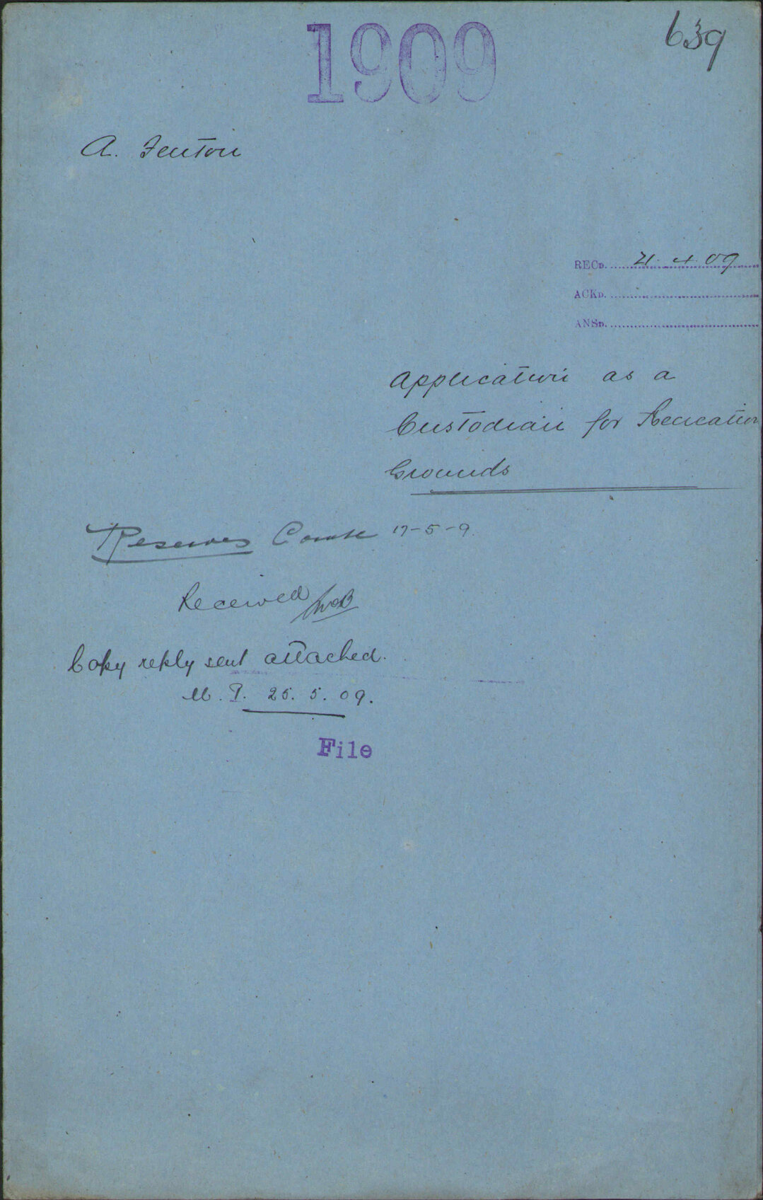 Application as a Custodian for recreation grounds - A Fenton