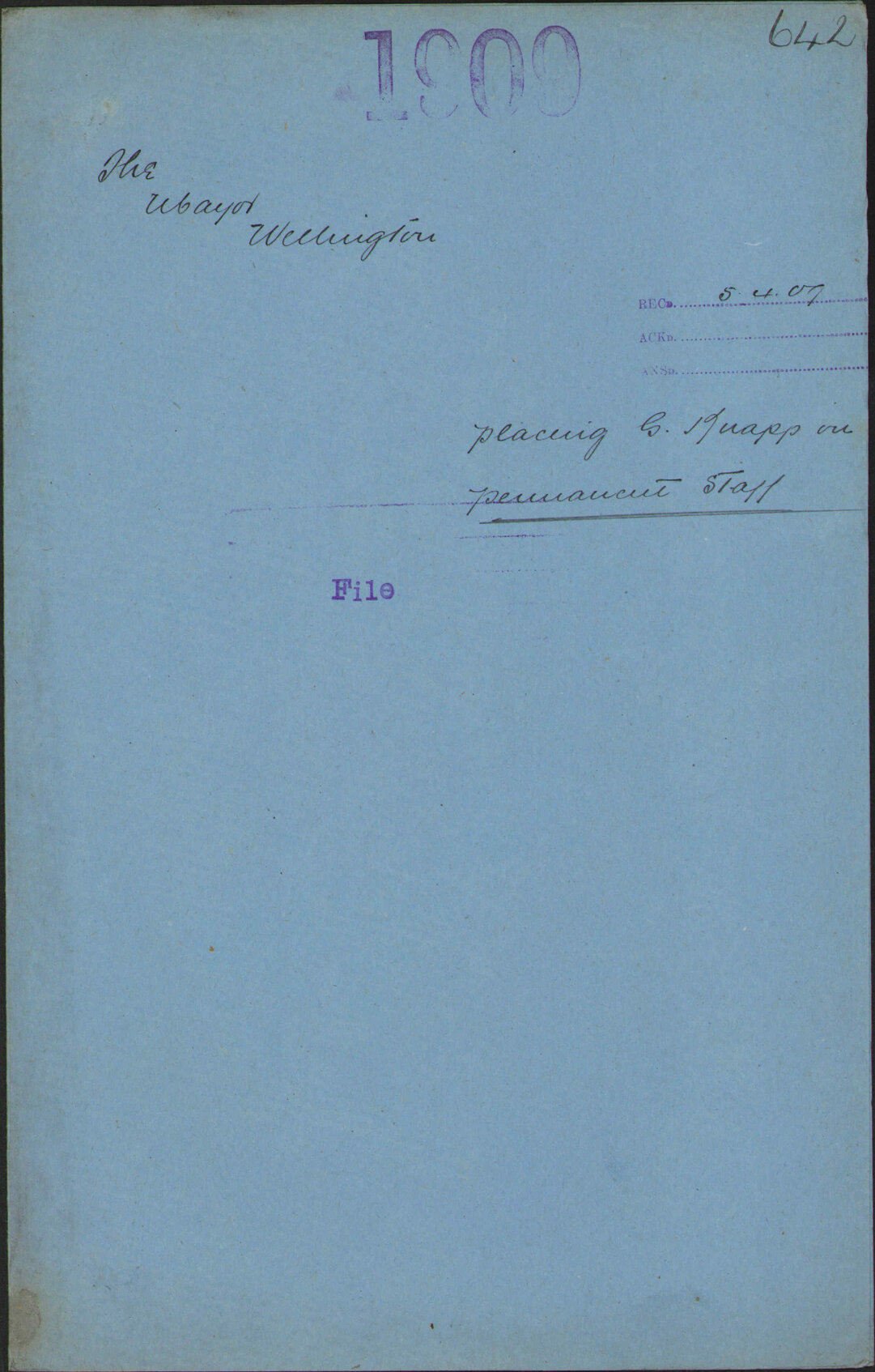 Placing G Kanpp on permanent staff - Mayor, Wellington