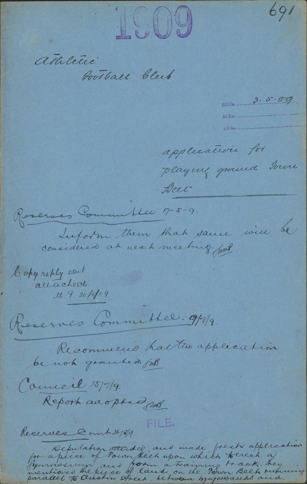 Application for playing ground, Town Belt - Athletic Football Club