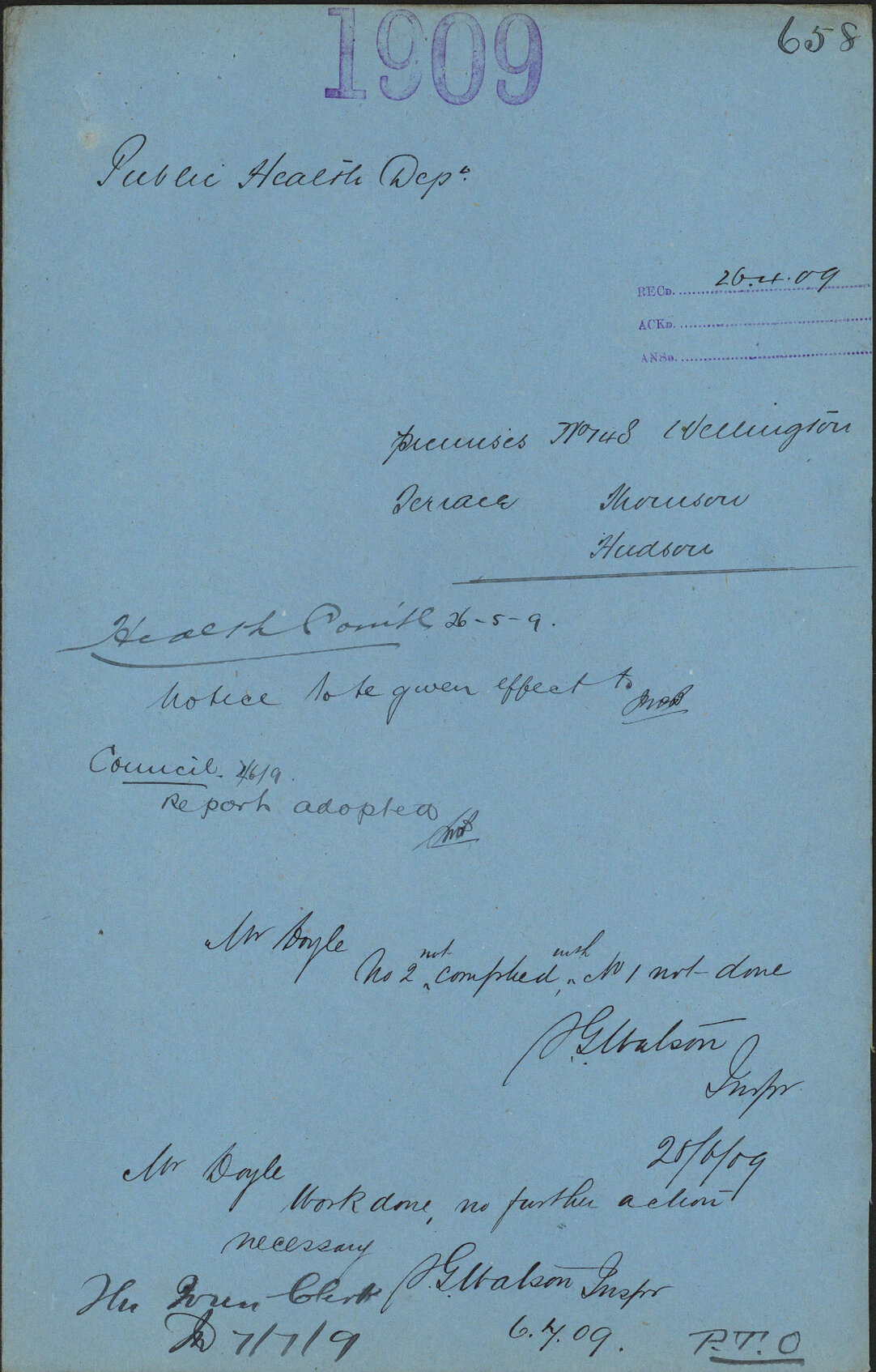 Premises, 148 Wellington Terrace, Thomson, Hudson - Public Health Department