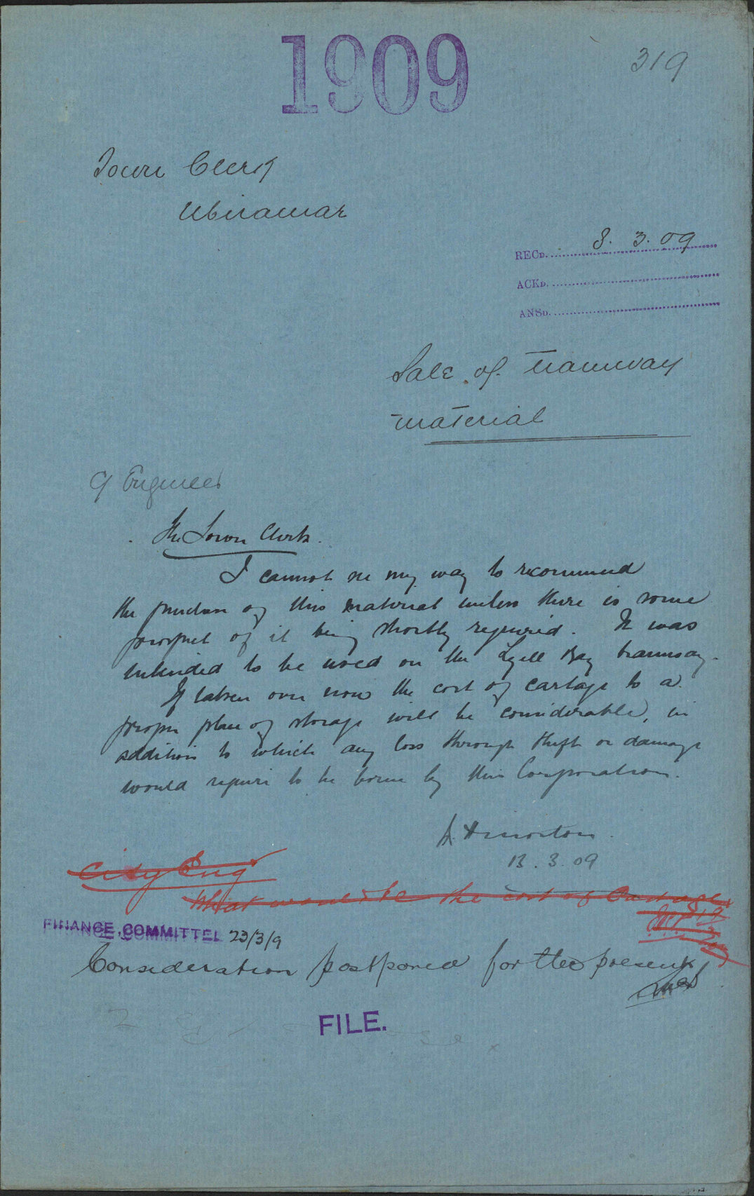 Sale of Tramway material - Town Clerk, Miramar
