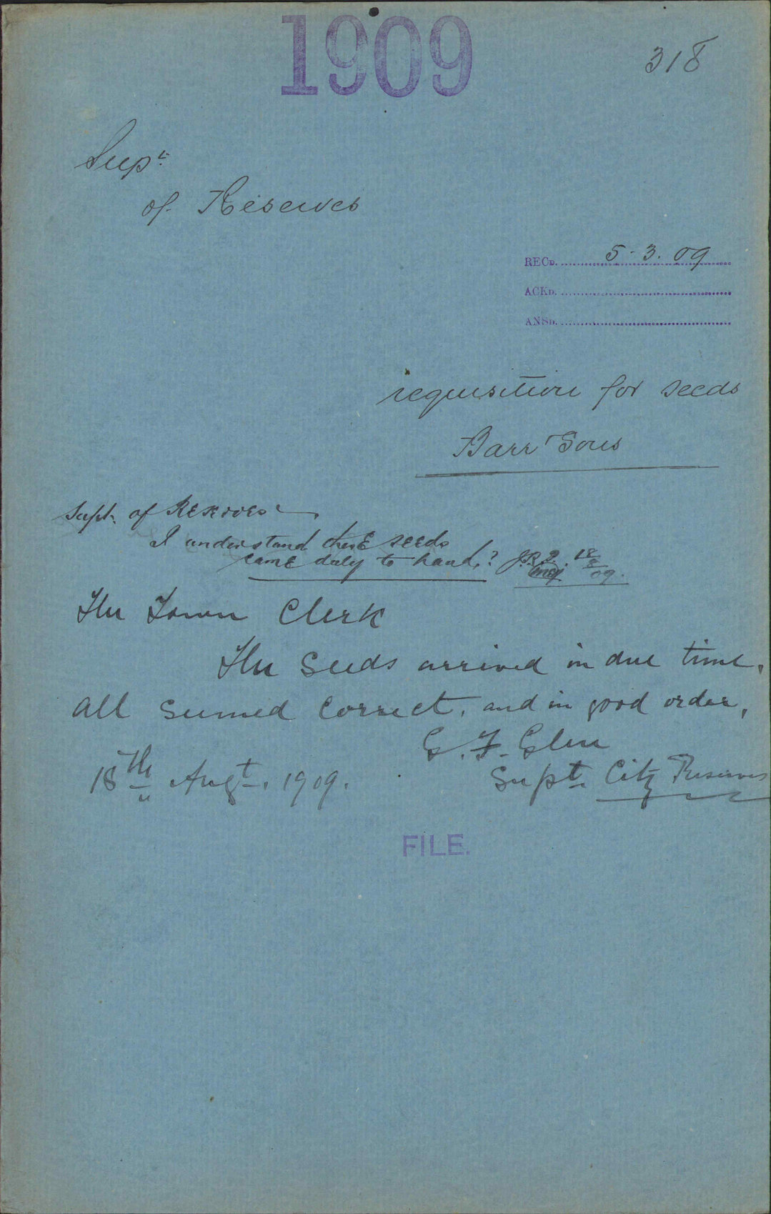 Requisition for seeds, Barr and Sons - Superintendent of Reserves
