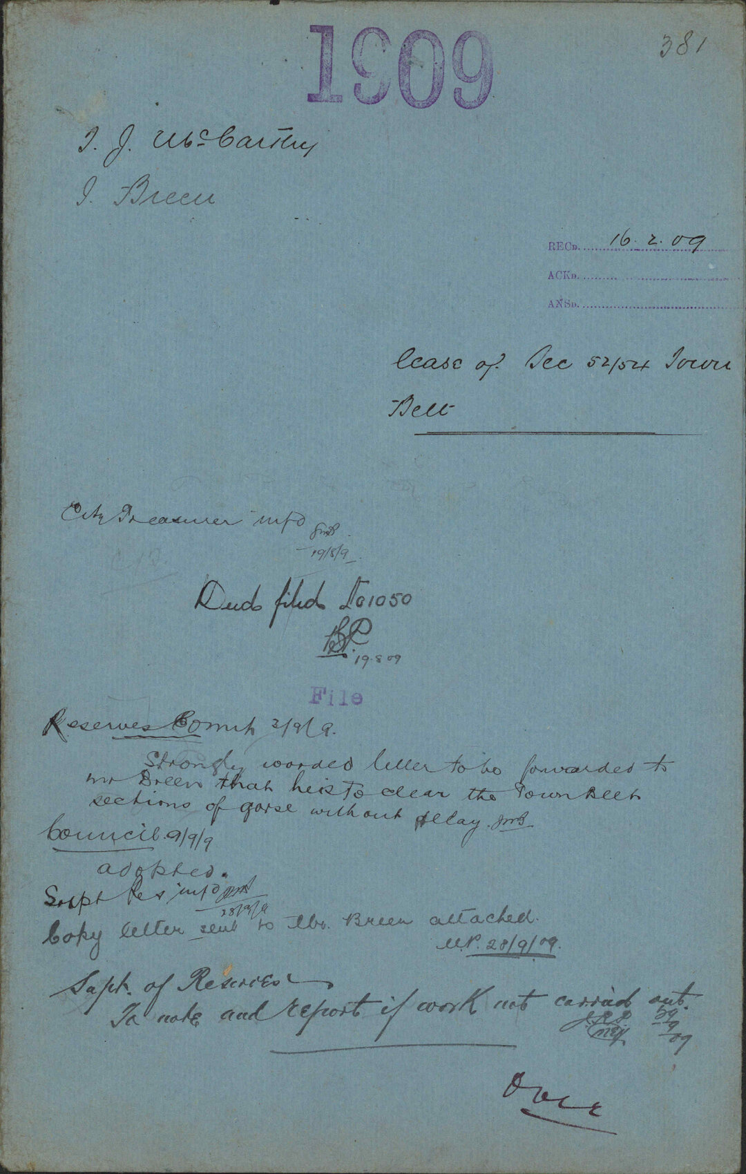 Lease of Sec 52 and 54 Town Belt - T J McCarthy; J Breen
