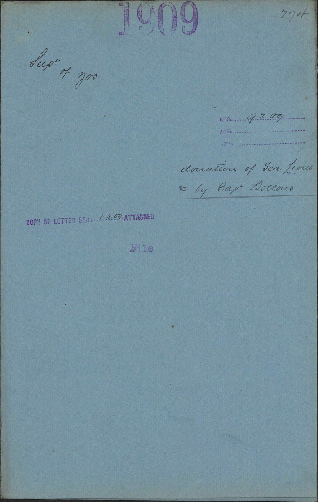 Donation of sea lions etc by Captain Bollons - Superintendent of Zoo
