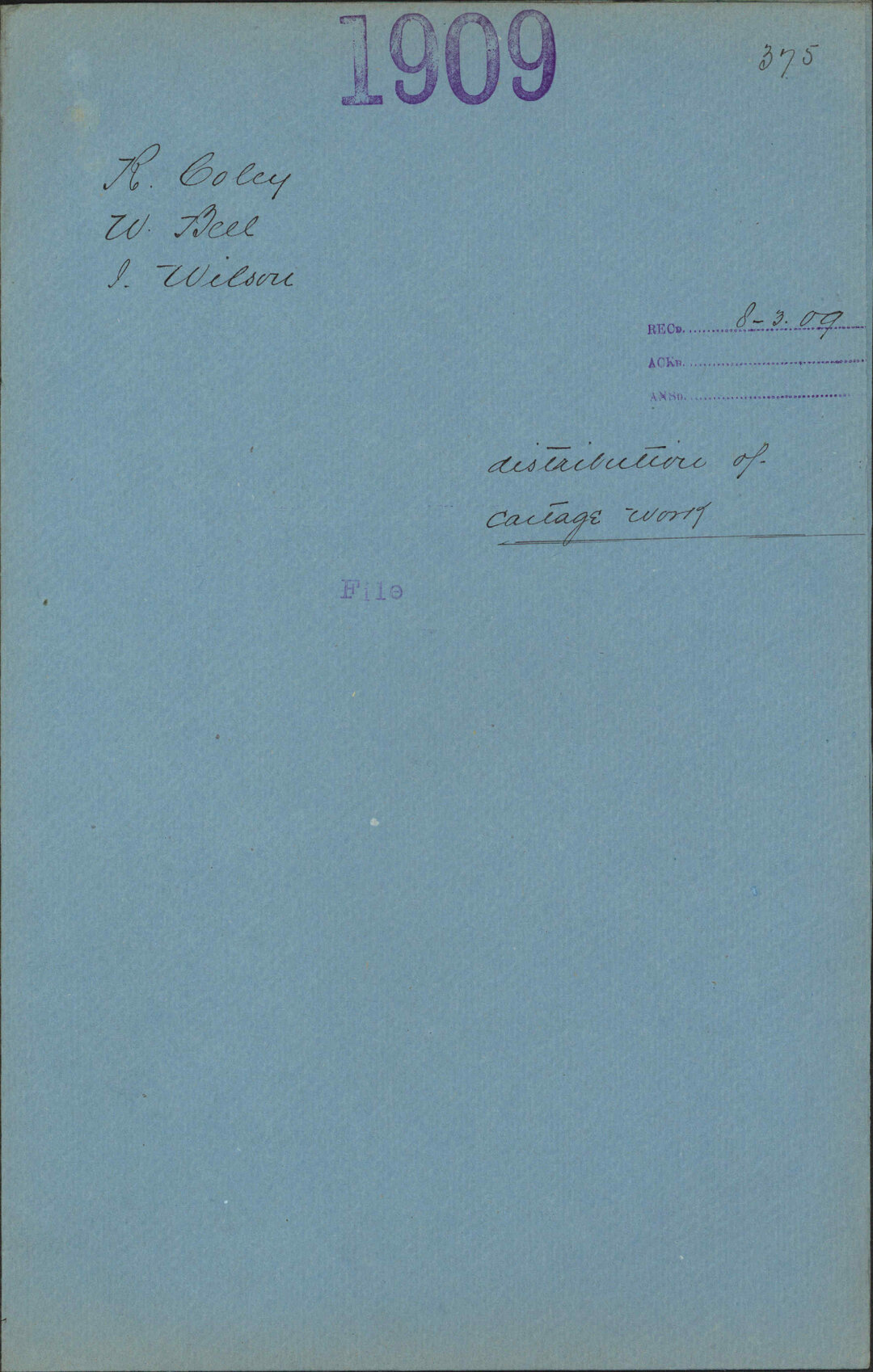 Distribution of cartage work - R Coley; W Bell; J Wilson