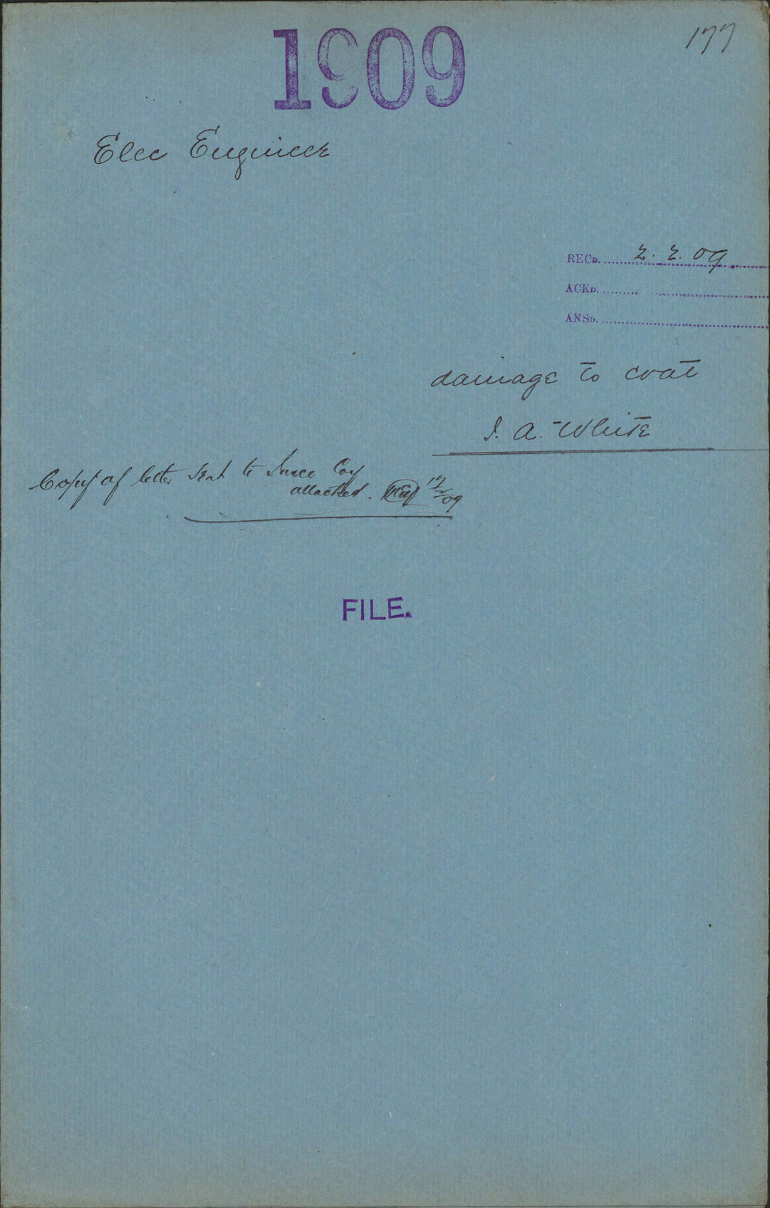 Damage to coat, J A White - Electrical Engineer