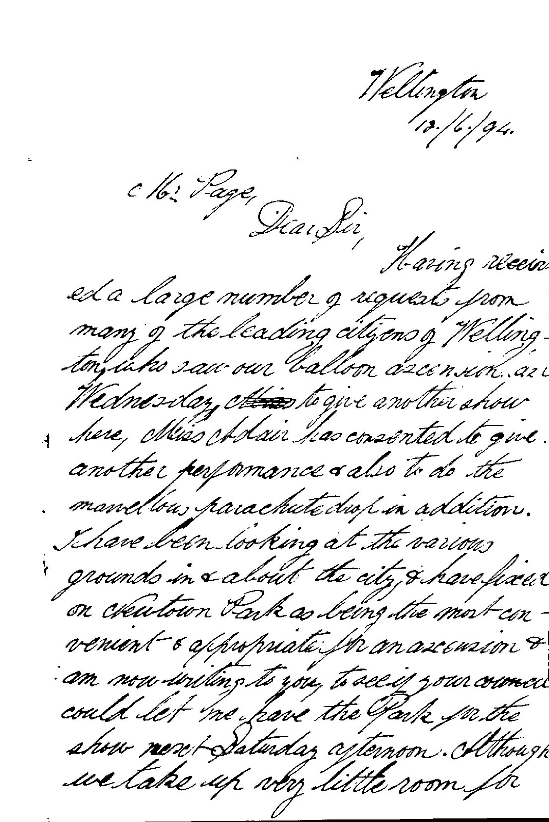 Asking use of Newtown Park for a balloon ascent - A B Adair