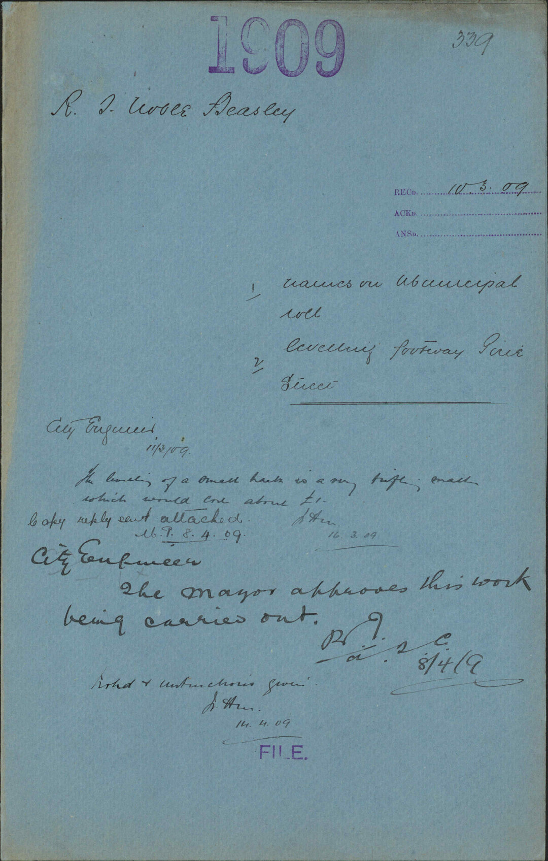 1) Names on Municipal roll 2) Levelling footway, Pirie Street - R T Noble-Beasley