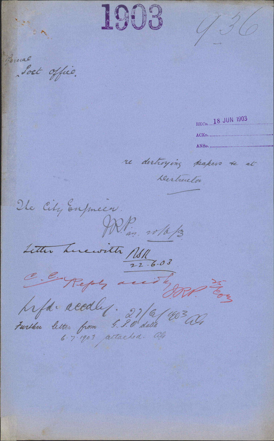 Re destroying papers at destructor, General Post Office