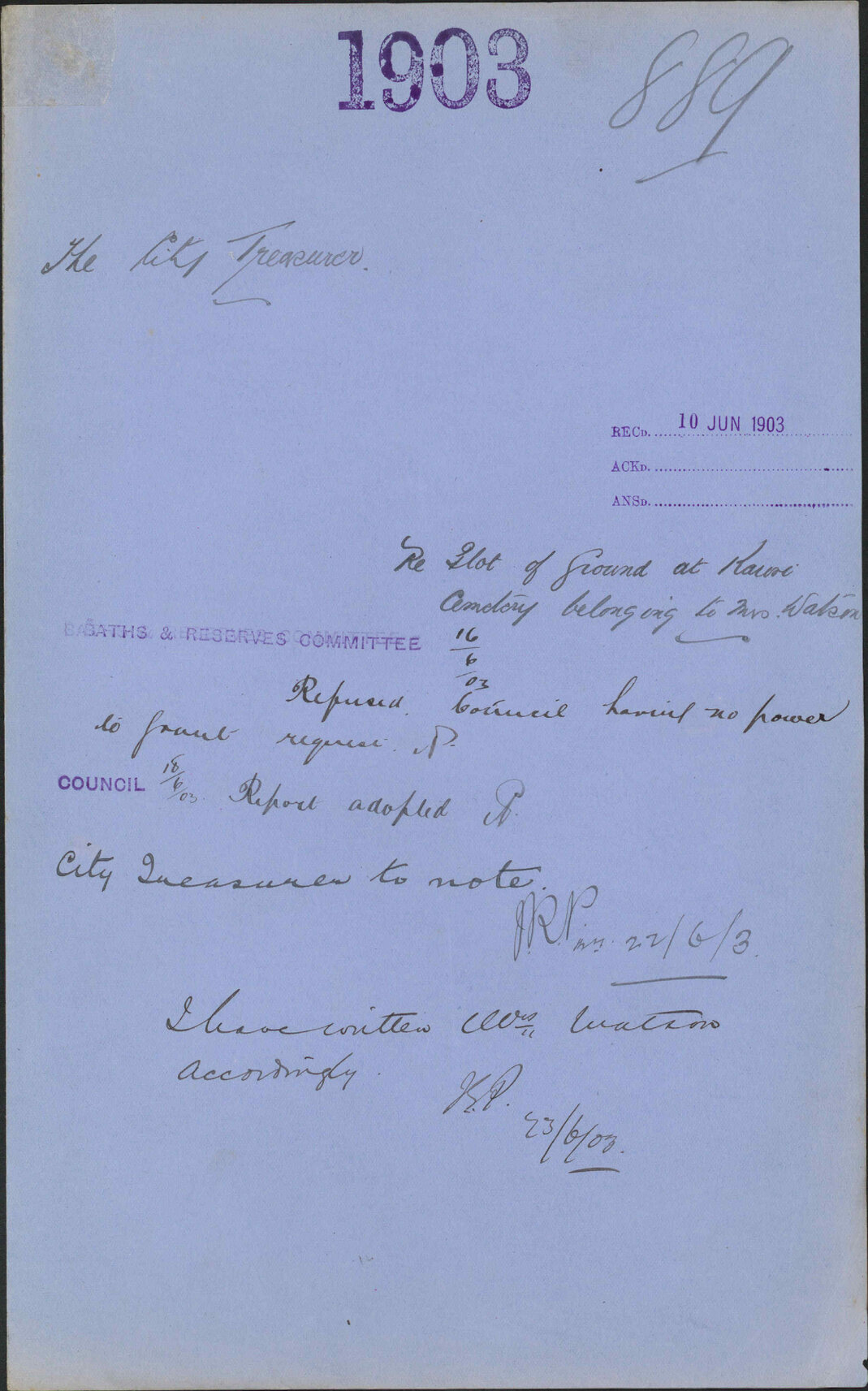 Re plot of ground at Karori Cemetery belonging to Mrs Watson, City Treasurer