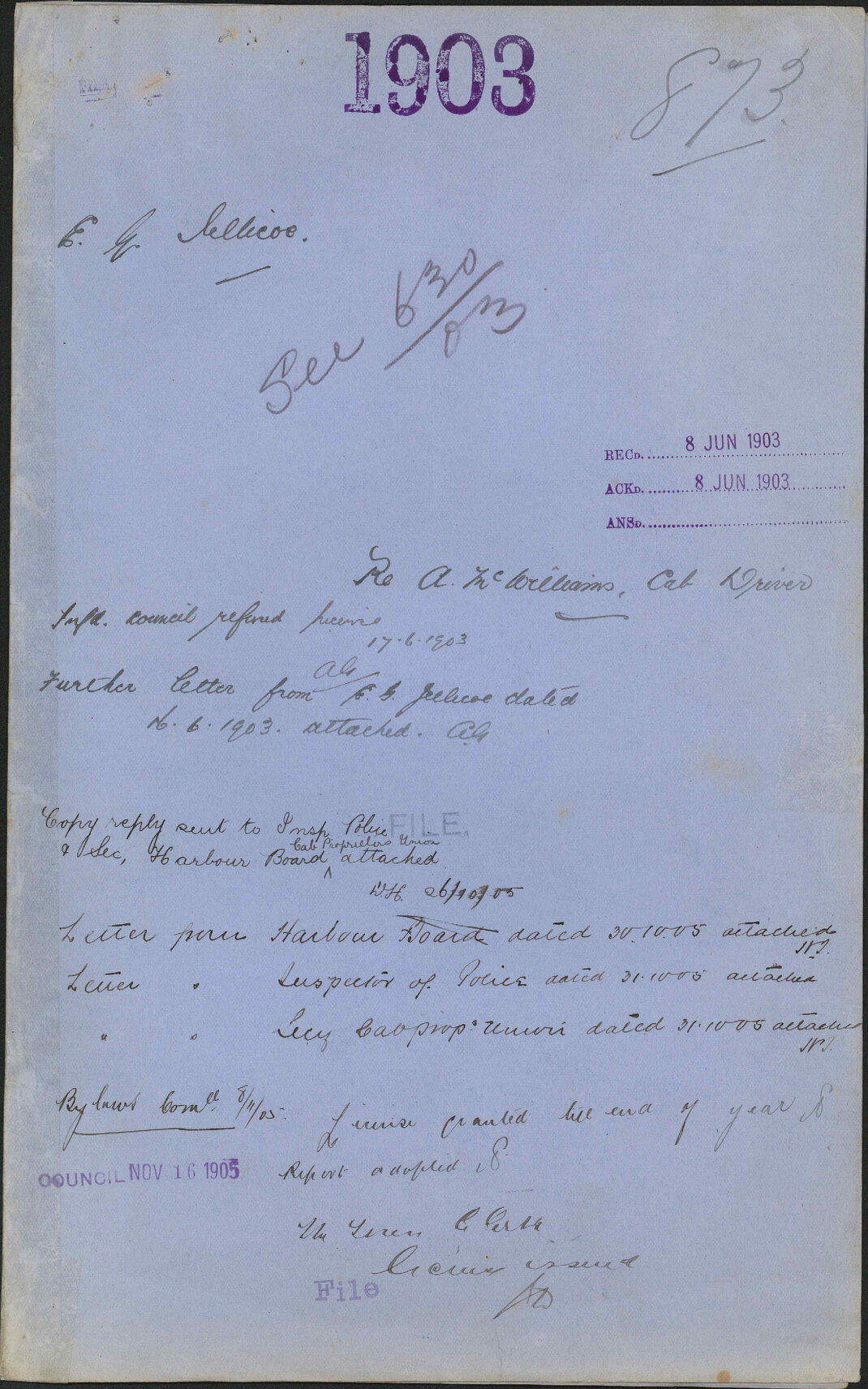 Re A McWilliams cab driver, E G Jellicoe