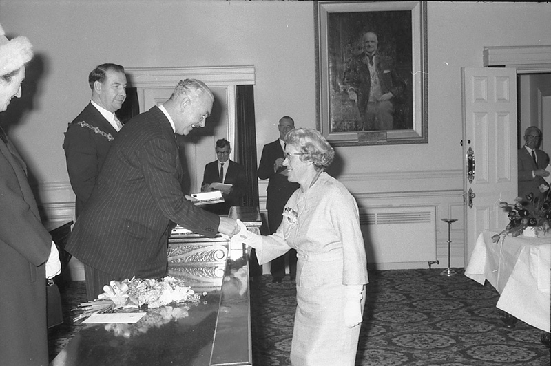 al. Presentation of Medals to Councillors, His Excellency Sir Bernard Fergusson. Council Chambers
