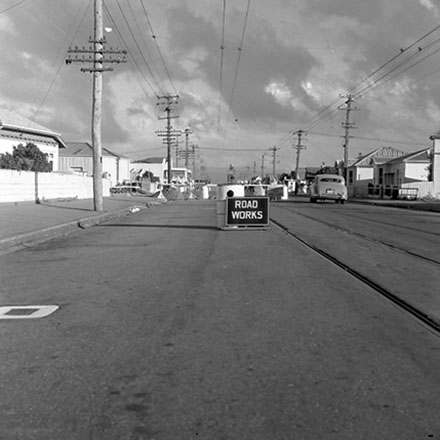 b. Street Works, 'Road Works' sign, Onepu Road, Lyall Bay
