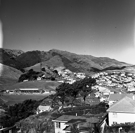 a. elevated views of residential area, Saint Bridgid's School in the background