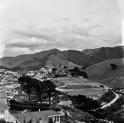 d. elevated views of residential area, Saint Bridgid's School in the background