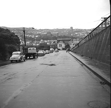 c. City side of Mount Victoria tunnel, moving traffic and parked motor vehicles