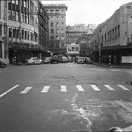 b. From Victoria Street to Willis Street, the Dominion building, Press House, retail buildings, motor vehicles