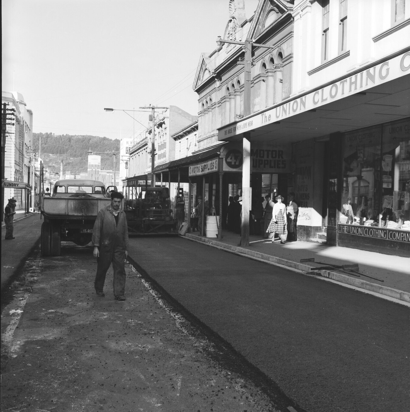 b. Looking east from Cuba Street corner to Marion Street, Union Clothing Company, 47 Ghuznne Street Motor Supplies