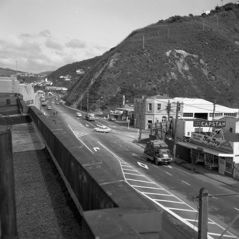 b. Elevated view of Hutt Road looking south, Post Office and BP Service Station on the corner. Commercial-industrial area