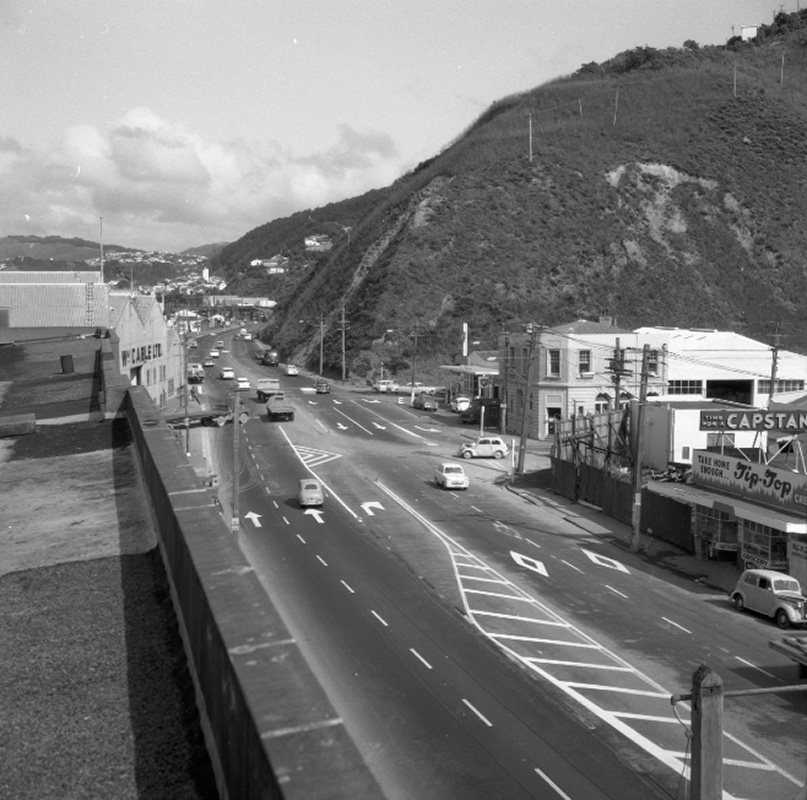 c. Elevated view of Hutt Road looking south, Post Office and BP Service Station on the corner. Commercial-industrial area