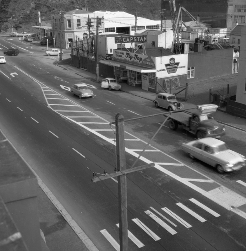 d. Elevated view of Hutt Road looking south, Post Office and BP Service Station on the corner. Commercial-industrial area