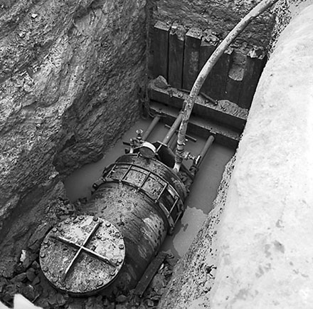 a. Exposed piece of waterworks pipe