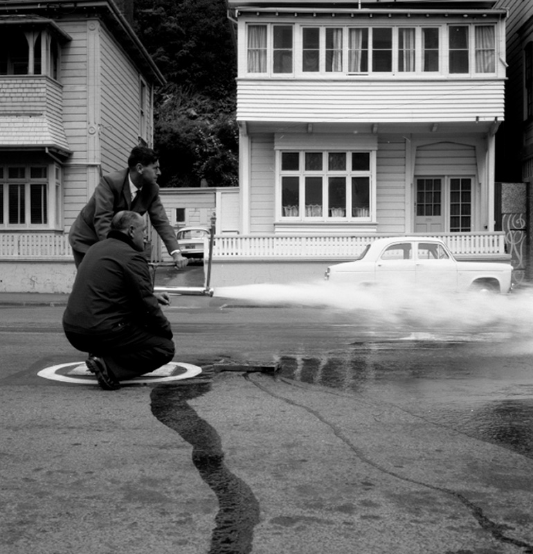 d. Testing Meters. Testing taps. Karori Reservoir tunnel. Depth indicator phone. Testing fire hydrant. Fountain rose garden