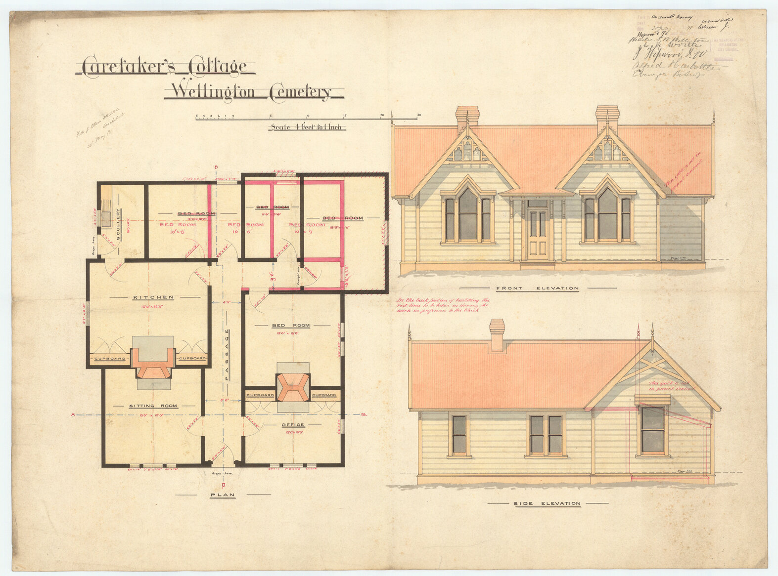 Caretakers cottage, Karori Cemetery, floor plan and elevations