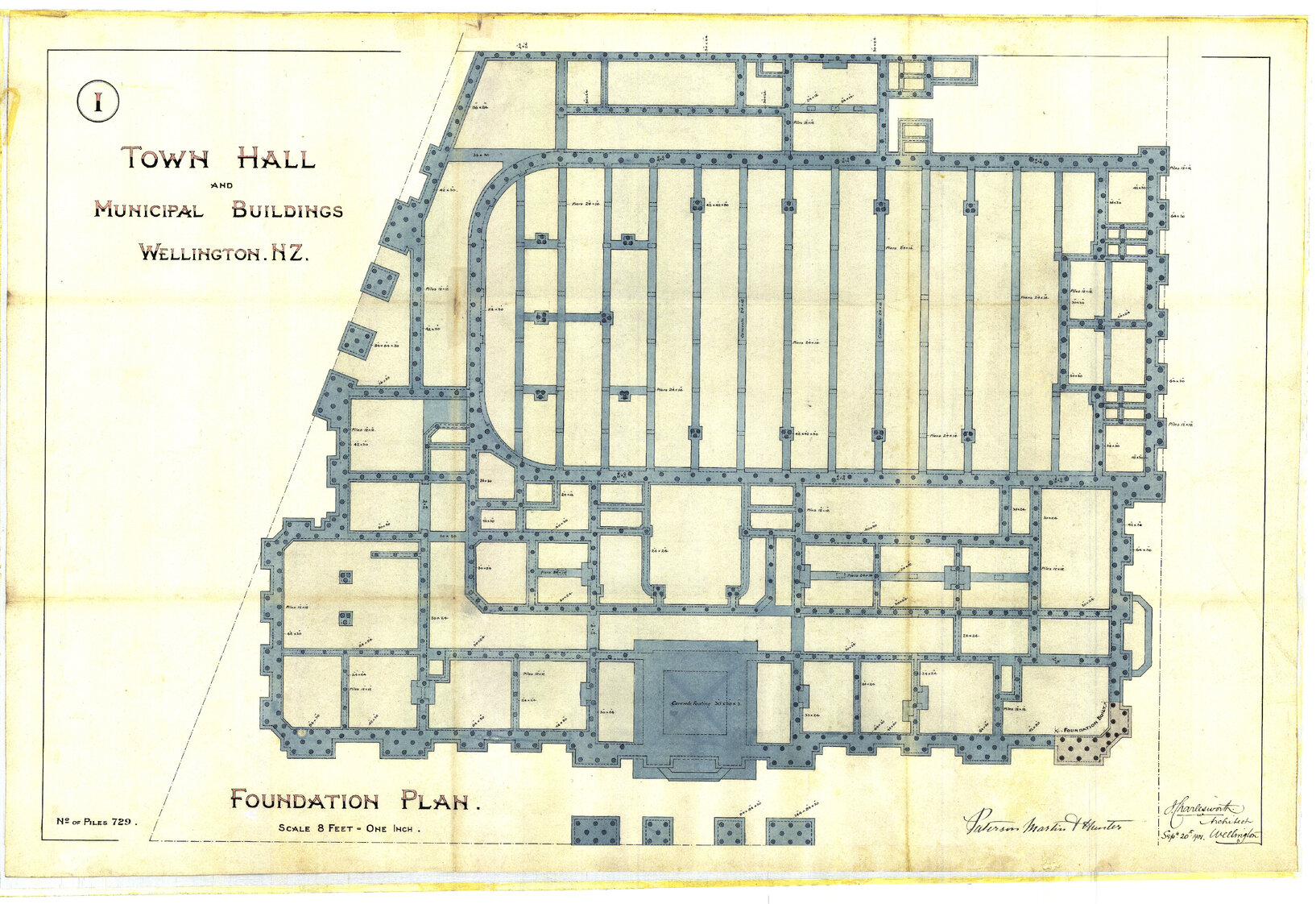 101-109 Wakefield Street, Wellington Town Hall and Municipal Building, sheet 1, basement plan, 20 Sep 1901