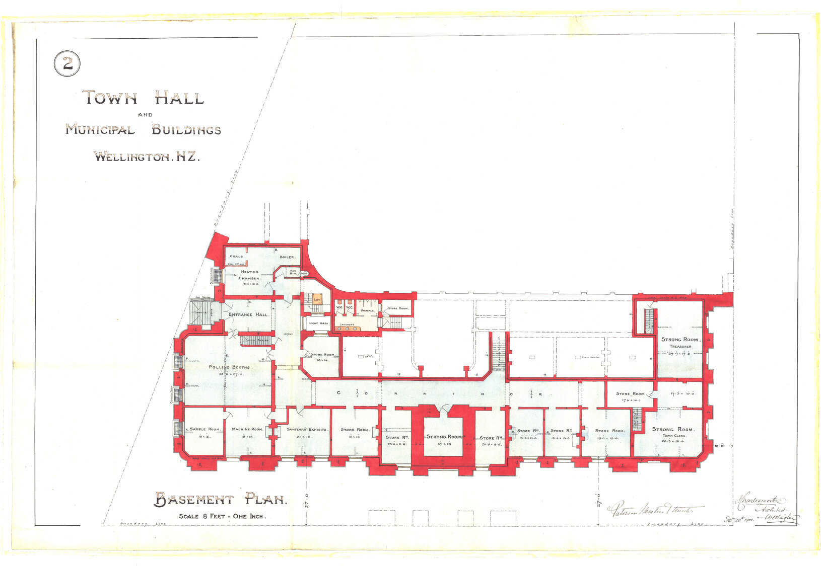 101-109 Wakefield Street, Wellington Town Hall and Municipal Building, basement plan, sheet 2, 20 Sep 1901