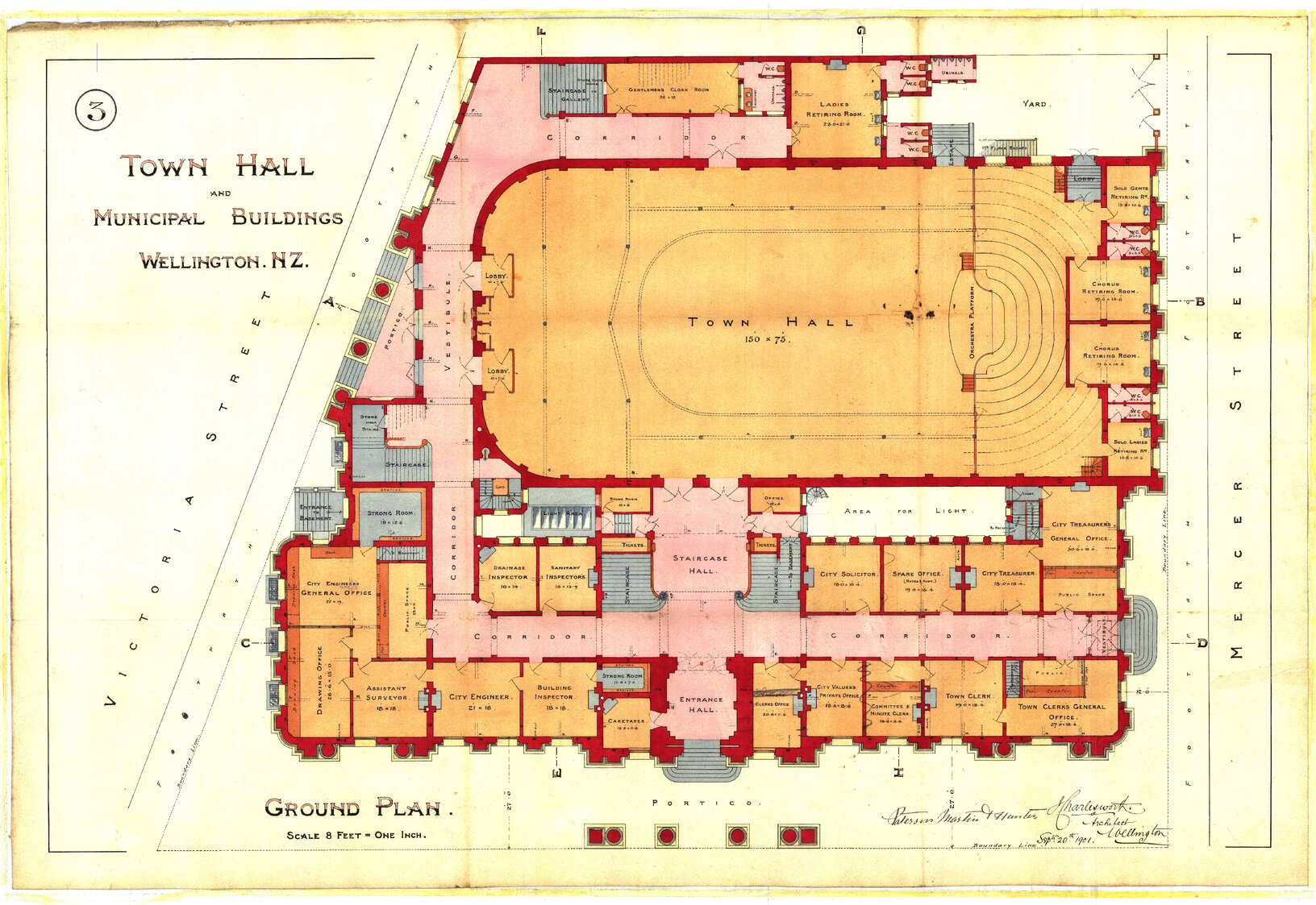 101-109 Wakefield Street, Wellington Town Hall and Municipal Building, ground floor plan, sheet 3, 20 Sep 1901