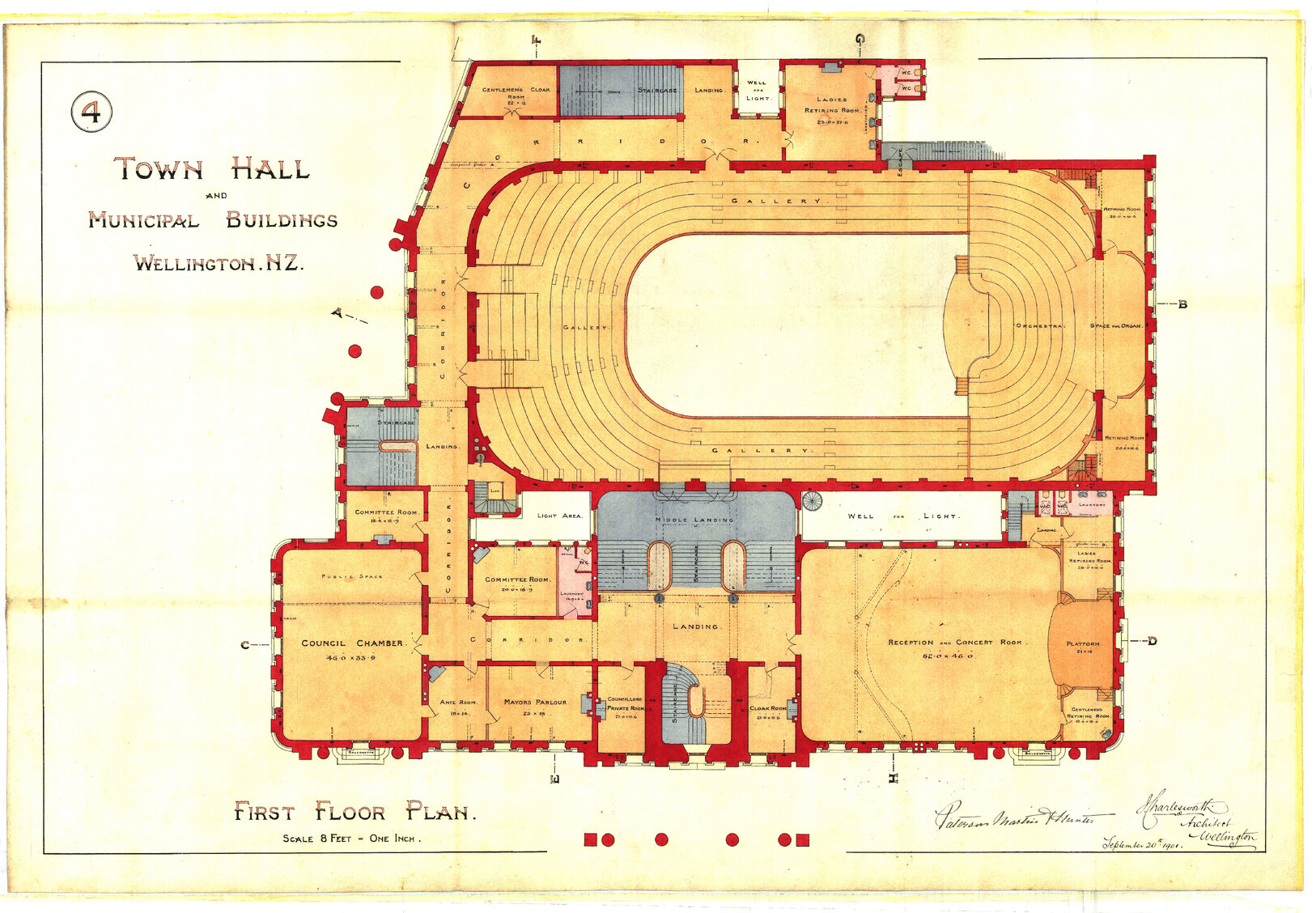 101-109 Wakefield Street, Wellington Town Hall and Municipal Building, first floor plan, sheet 4, 20 Sep 1901