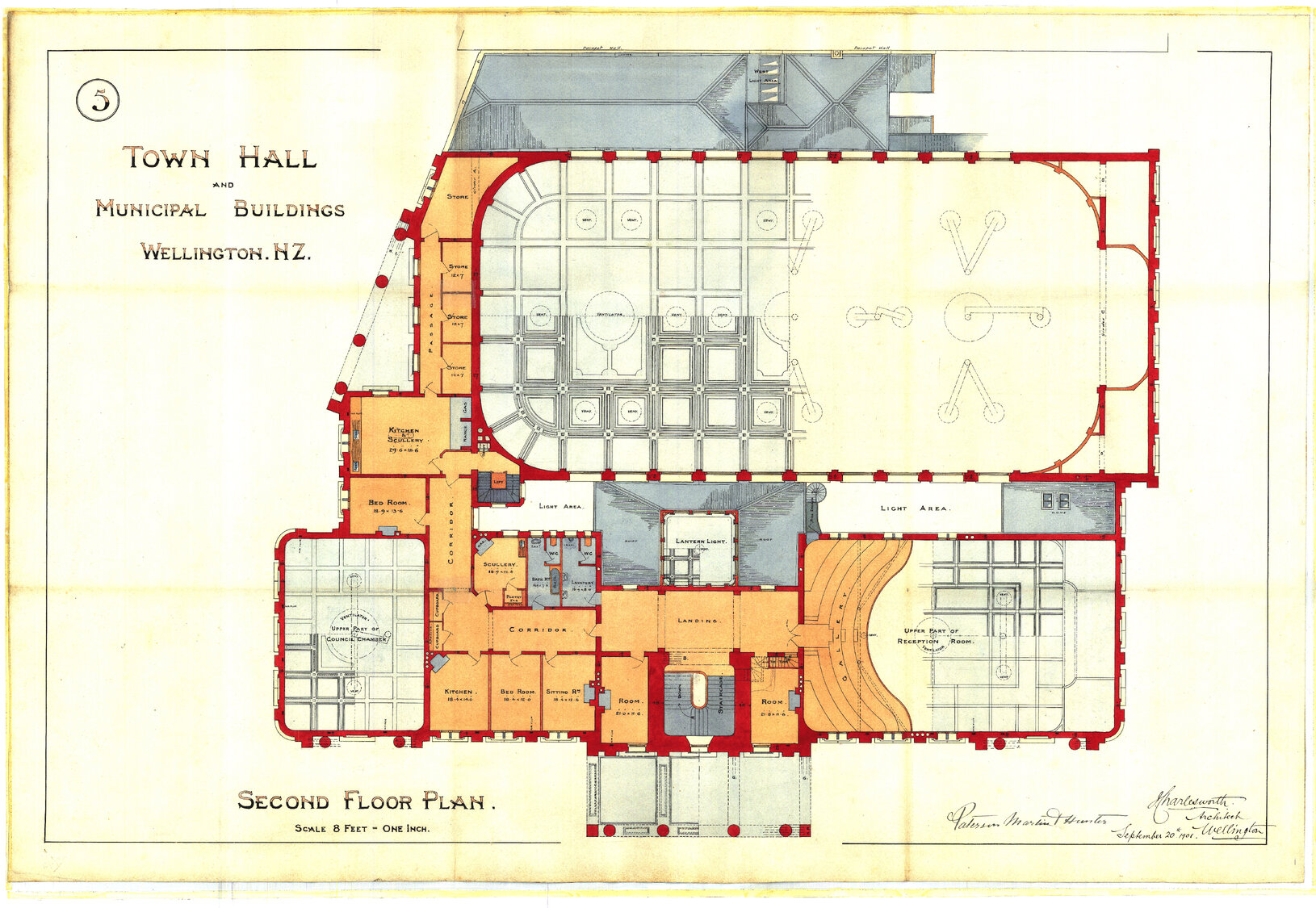 101-109 Wakefield Street, Wellington Town Hall and Municipal Building, second floor plan, sheet 5, 20 Sep 1901